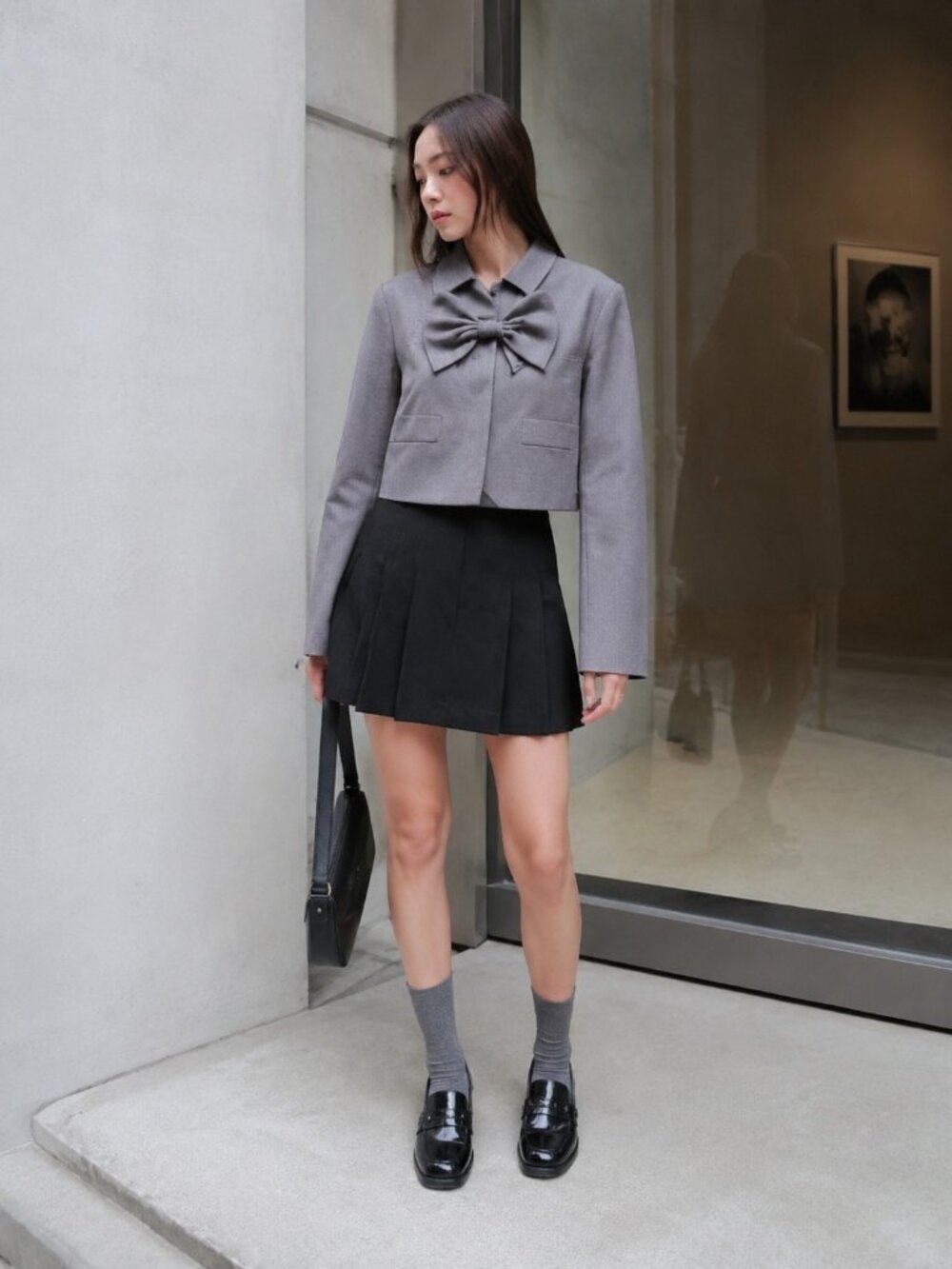 SHUSHU/TONG Cropped Bow Front Blazer Jacket Size Medium Gray